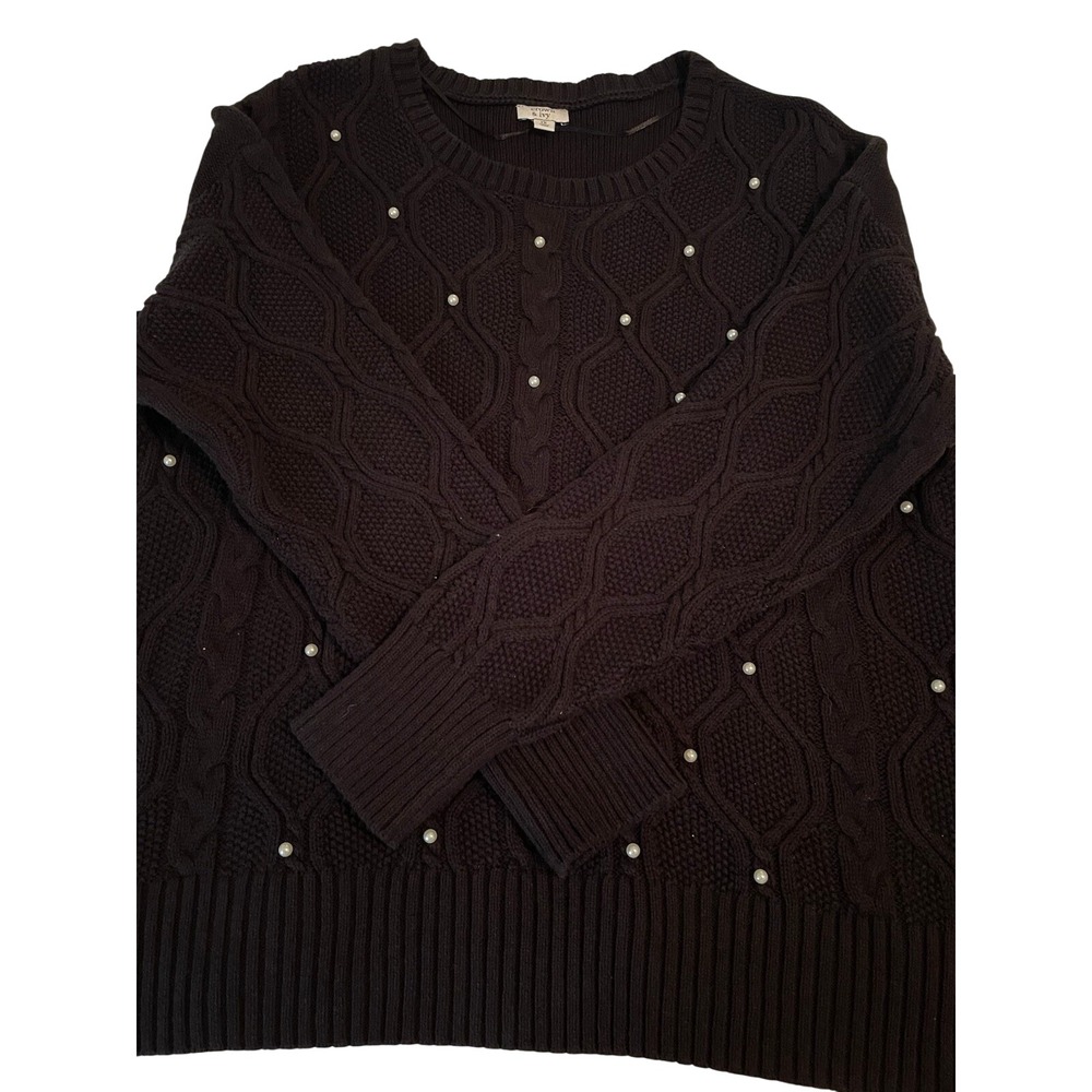 Crown & Ivy Cable Knit Sweater 1X Black, Pearl, Holiday, Winter, Cozy, Plus Size